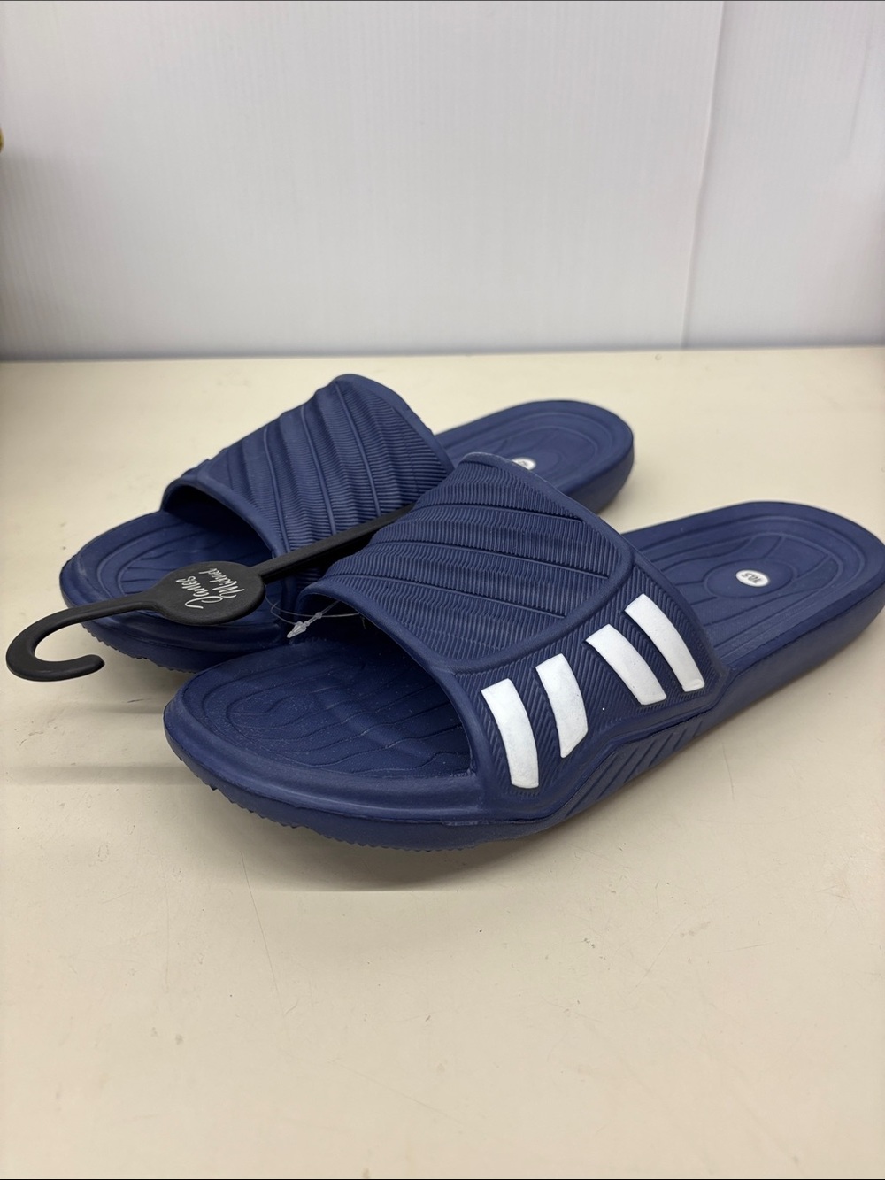 James Michelle Men's Navy Slide Sandals with White Accent